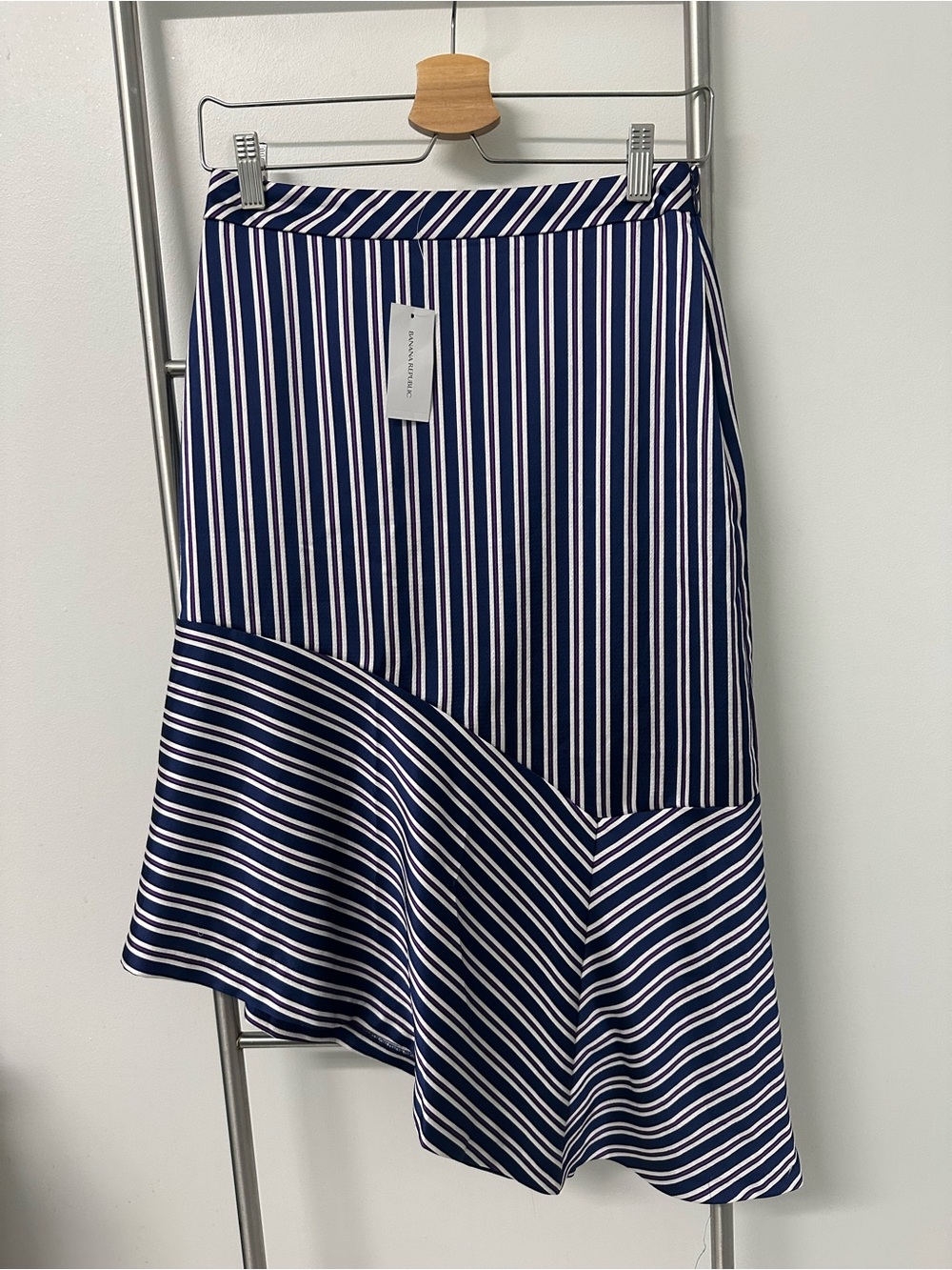 Navy & White Striped Asymmetrical Satin Midi Skirt